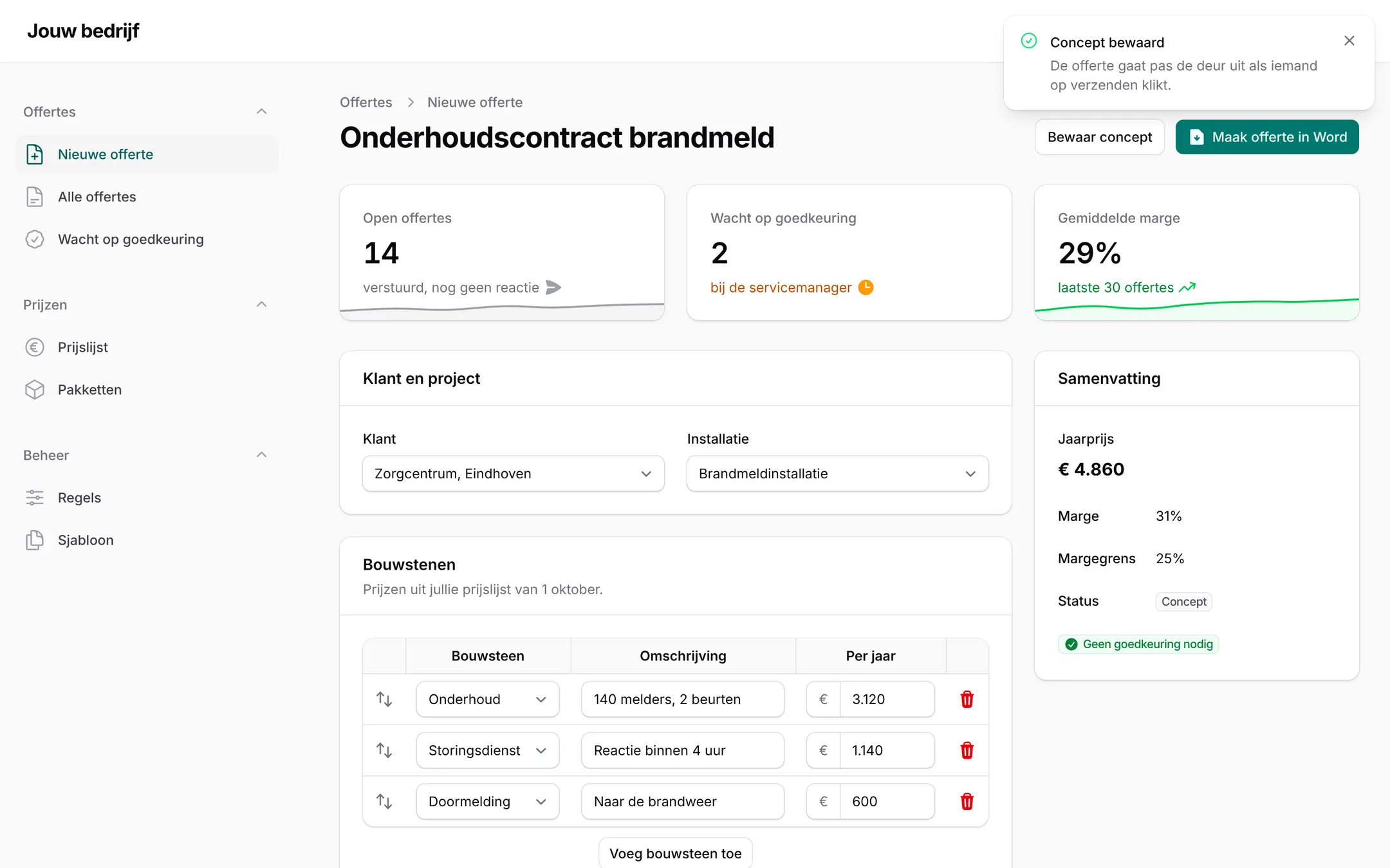 Screenshot van de Offertebouwer in Filament: een formulier met bouwstenen en prijzen, en een samenvatting met jaarprijs en marge.